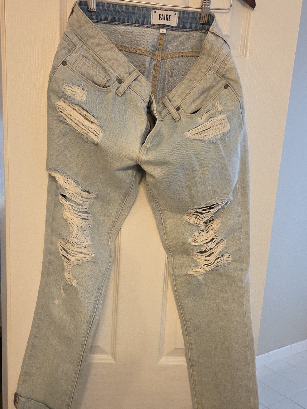 PAIGE Light Blue Distressed High-Rise Jeans